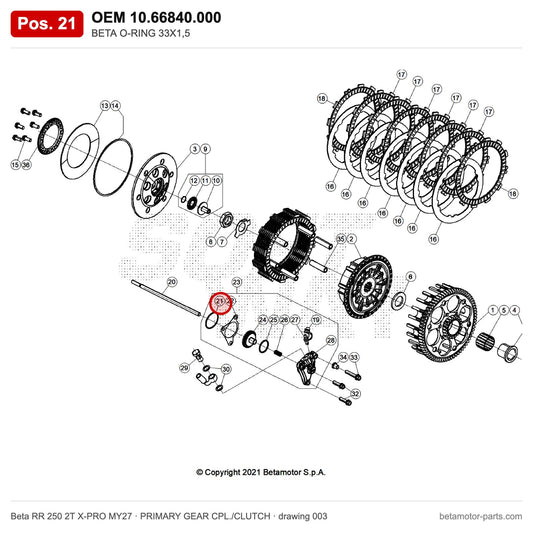 BETA O-RING 33X1,5 – OEM 10.66840.000, position 21 on the Beta RR 250 2T X-PRO MY27 primary gear cpl./clutch drawing