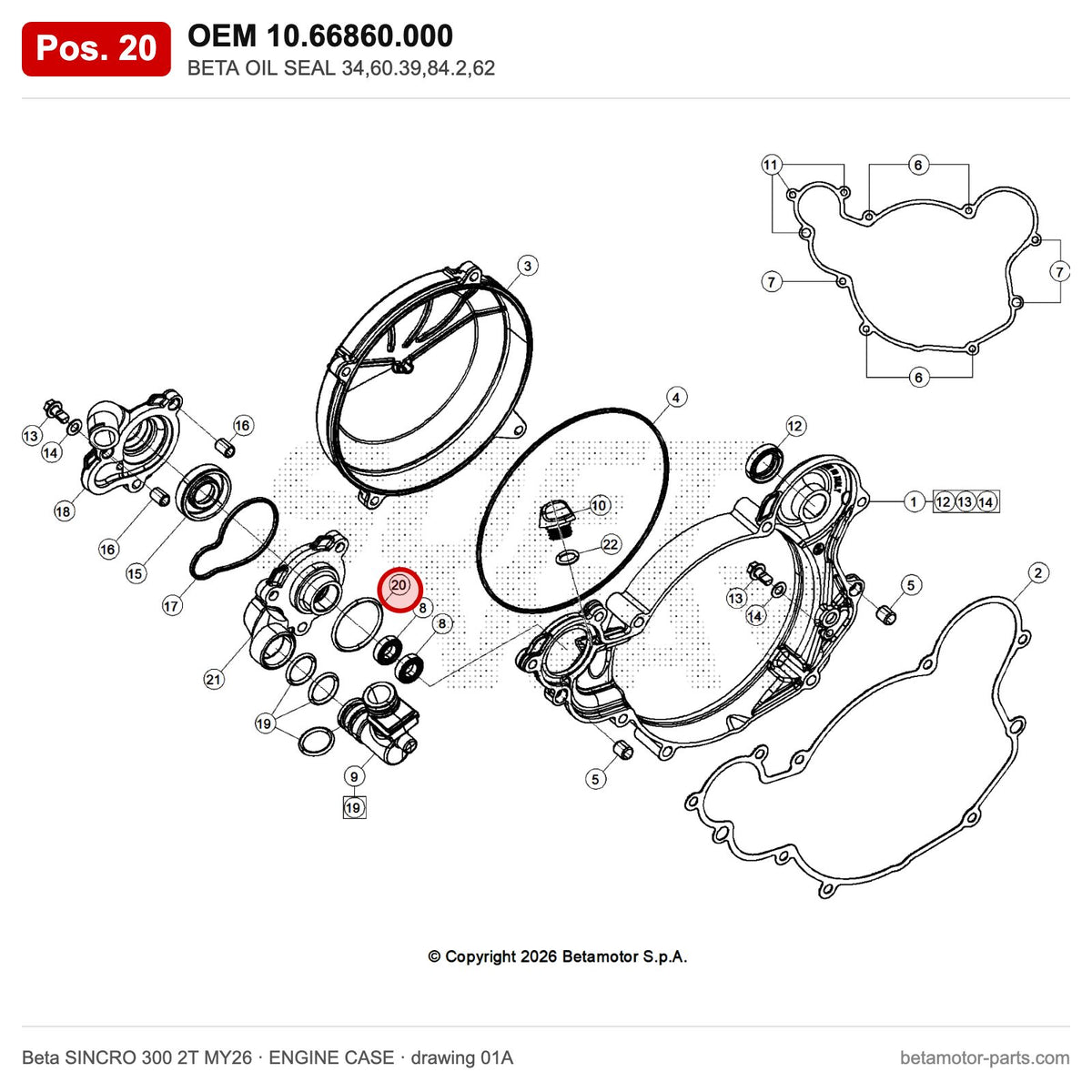 BETA OIL SEAL 34,60.39,84.2,62 – OEM 10.66860.000, position 20 on the Beta SINCRO 300 2T MY26 engine case drawing