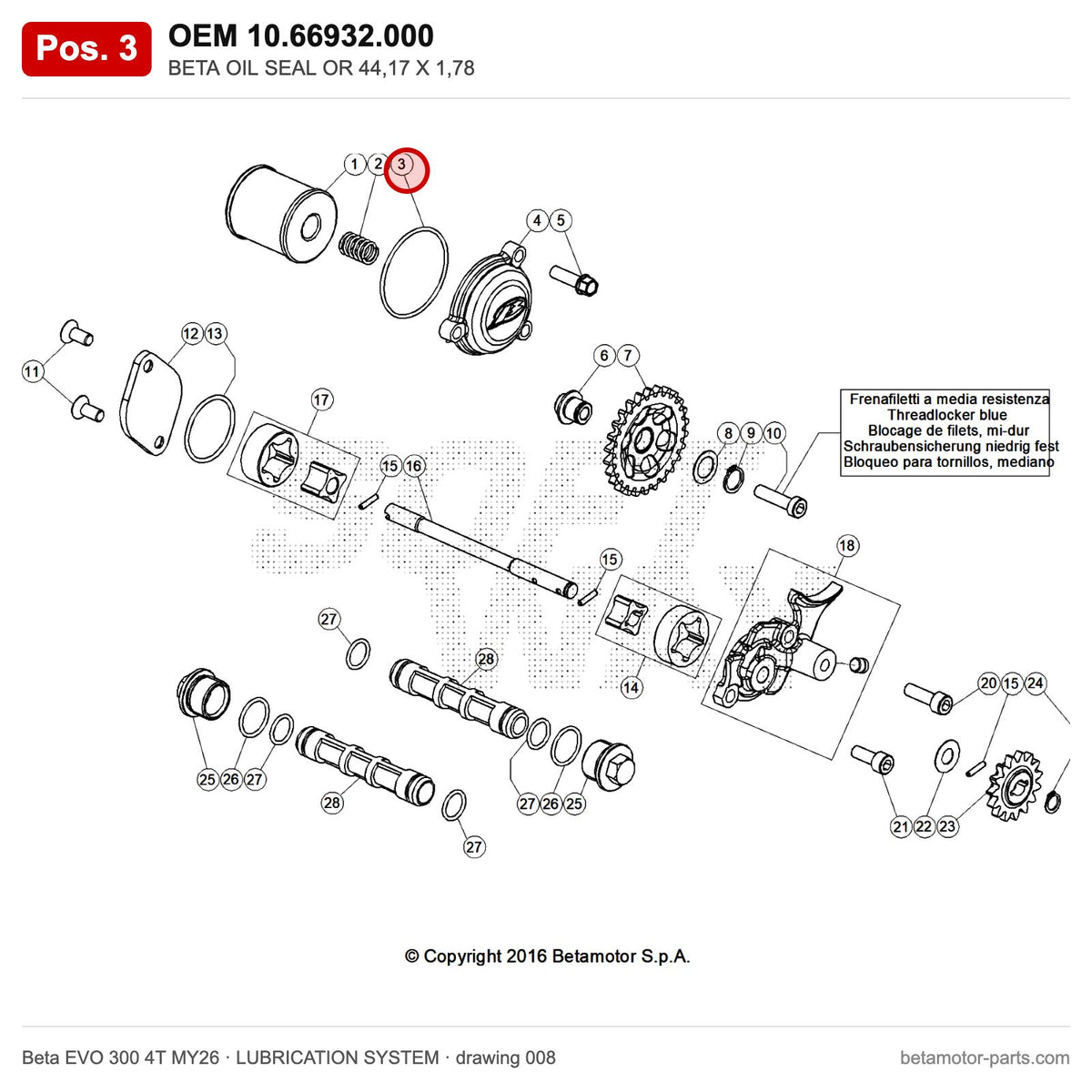 BETA OIL SEAL OR 44,17 X 1,78 – OEM 10.66932.000, position 3 on the Beta EVO 300 4T MY26 lubrication system drawing
