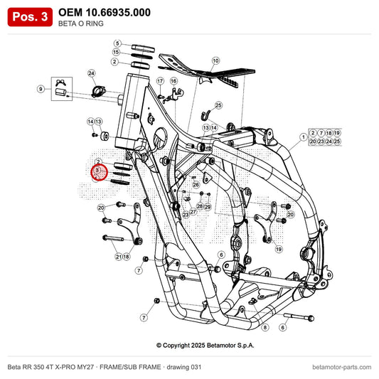 BETA O RING – OEM 10.66935.000, position 3 on the Beta RR 350 4T X-PRO MY27 frame/sub frame drawing