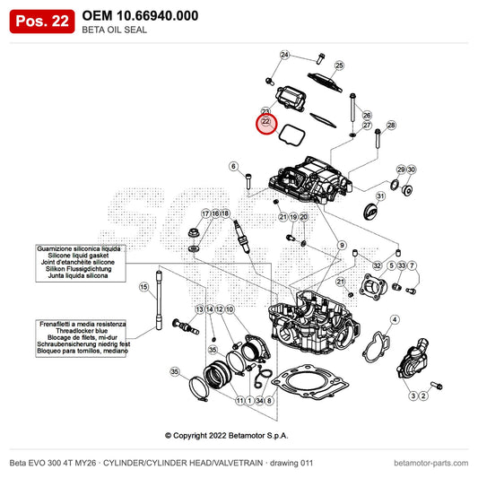 BETA OIL SEAL – OEM 10.66940.000, position 22 on the Beta EVO 300 4T MY26 cylinder/cylinder head/valvetrain drawing