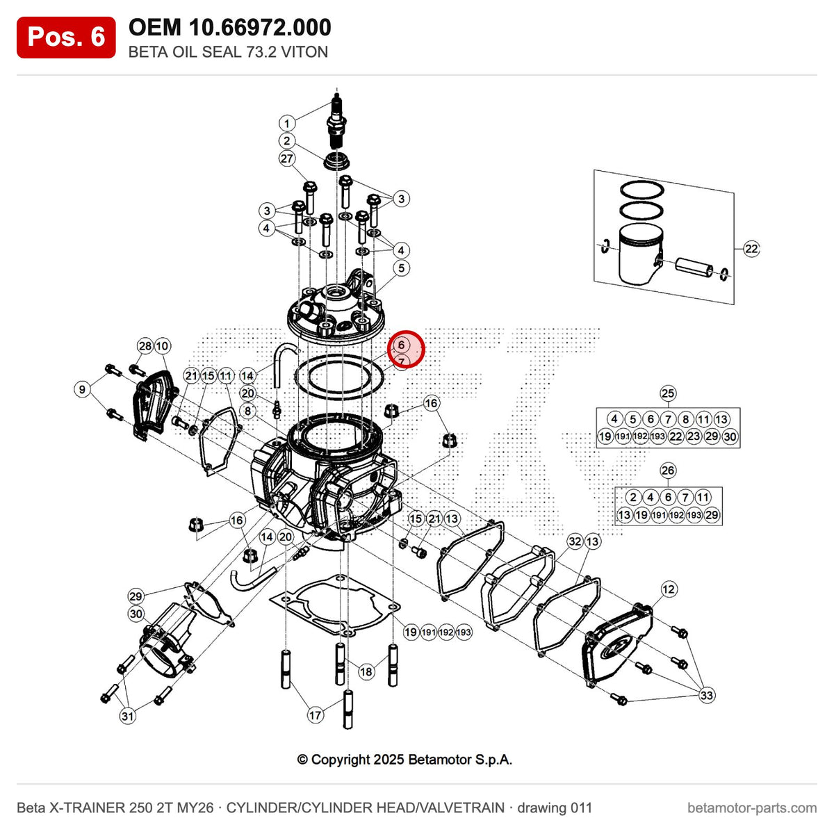 BETA OIL SEAL 73.2 VITON – OEM 10.66972.000, position 6 on the Beta X-TRAINER 250 2T MY26 cylinder/cylinder head/valvetrain drawing