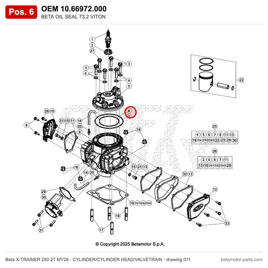 BETA OIL SEAL 73.2 VITON – OEM 10.66972.000, position 6 on the Beta X-TRAINER 250 2T MY26 cylinder/cylinder head/valvetrain drawing