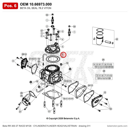BETA OIL SEAL 78.2 VITON – OEM 10.66973.000, position 6 on the Beta RR 300 2T RACE MY26 cylinder/cylinder head/valvetrain drawing