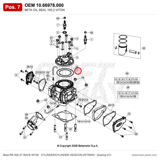 BETA OIL SEAL 105.2 VITON – OEM 10.66978.000, position 7 on the Beta RR 300 2T RACE MY26 cylinder/cylinder head/valvetrain drawing