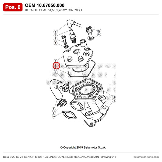 BETA OIL SEAL 51,50.1,78 VYTON 70SH – OEM 10.67050.000, position 6 on the Beta EVO 80 2T SENIOR MY26 cylinder/cylinder head/valvetrain drawing