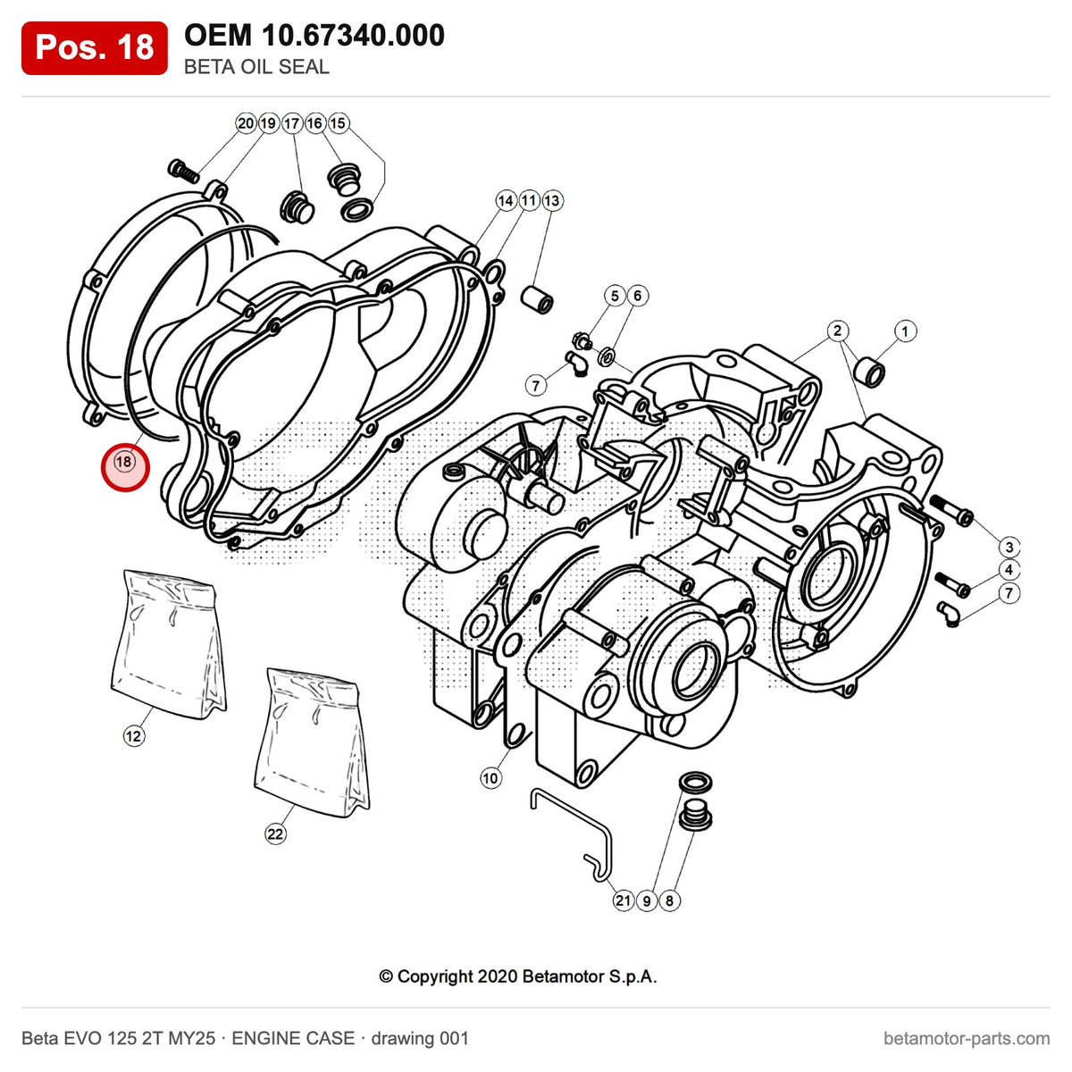 BETA OIL SEAL – OEM 10.67340.000, position 18 on the Beta EVO 125 2T MY25 engine case drawing