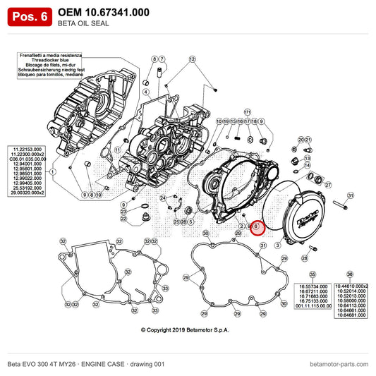 BETA OIL SEAL – OEM 10.67341.000, position 6 on the Beta EVO 300 4T MY26 engine case drawing