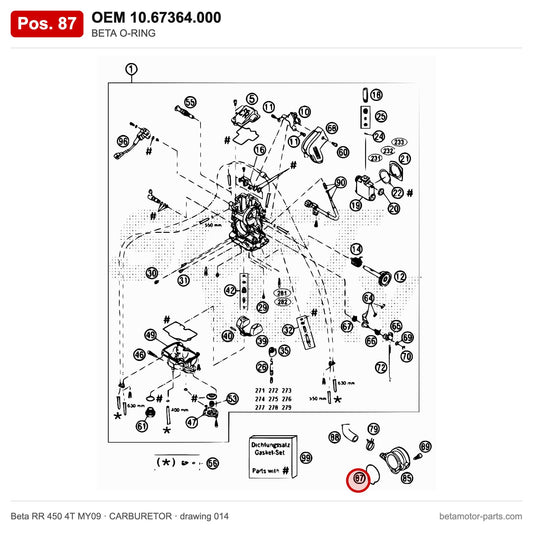 BETA O-RING – OEM 10.67364.000, position 87 on the Beta RR 450 4T MY09 carburetor drawing