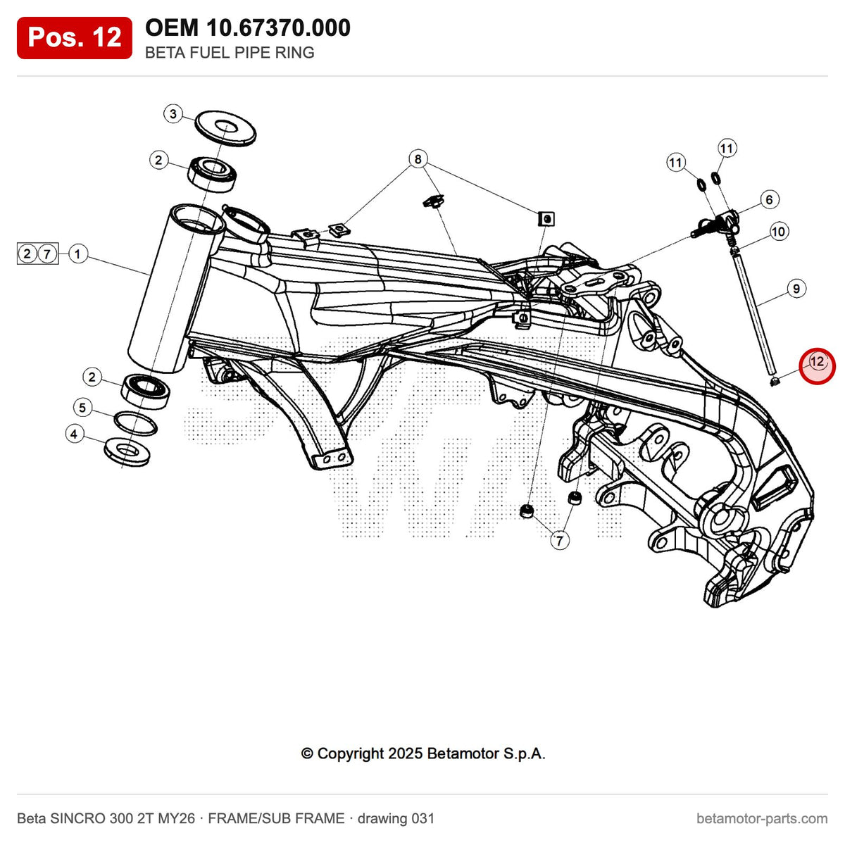 BETA FUEL PIPE RING – OEM 10.67370.000, position 12 on the Beta SINCRO 300 2T MY26 frame/sub frame drawing