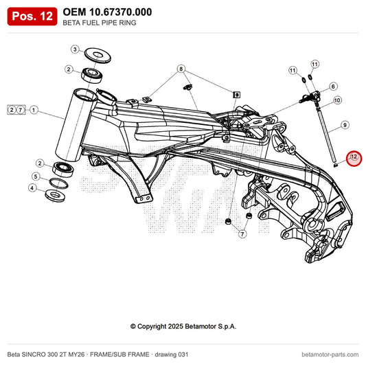 BETA FUEL PIPE RING – OEM 10.67370.000, position 12 on the Beta SINCRO 300 2T MY26 frame/sub frame drawing