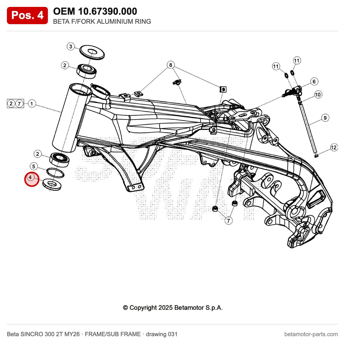 BETA F/FORK ALUMINIUM RING – OEM 10.67390.000, position 4 on the Beta SINCRO 300 2T MY26 frame/sub frame drawing
