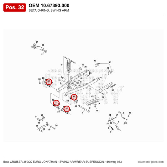 BETA O-RING, SWING ARM – OEM 10.67393.000, position 32 on the Beta CRUISER 350CC EURO-JONATHAN swing arm/rear suspension drawing