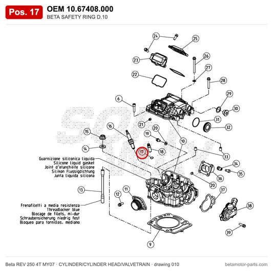 BETA SAFETY RING D.10 – OEM 10.67408.000, position 17 on the Beta REV 250 4T MY07 cylinder/cylinder head/valvetrain drawing