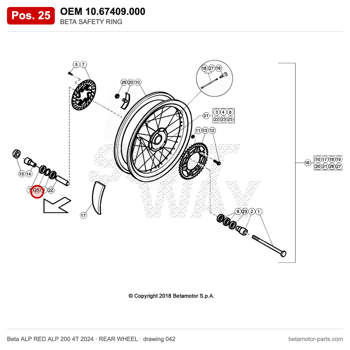 BETA SAFETY RING – OEM 10.67409.000, position 25 on the Beta ALP RED ALP 200 4T 2024 rear wheel drawing
