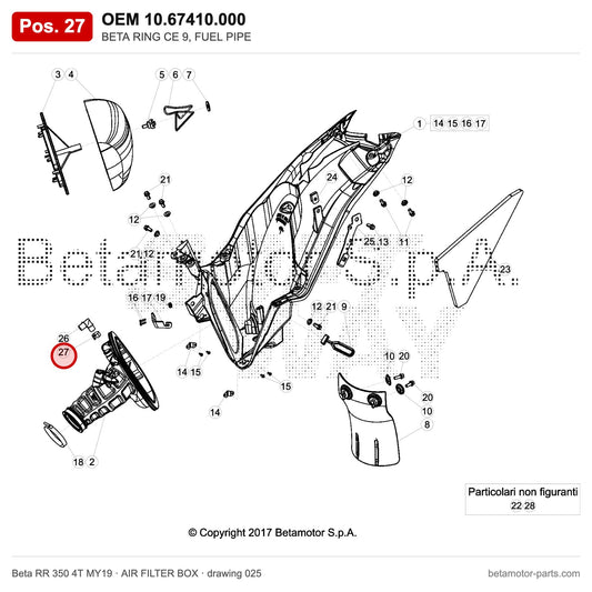 BETA RING CE 9, FUEL PIPE – OEM 10.67410.000, position 27 on the Beta RR 350 4T MY19 air filter box drawing