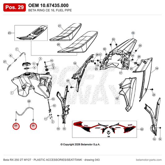 BETA RING CE 16, FUEL PIPE – OEM 10.67435.000, position 29 on the Beta RX 250 2T MY27 plastic accessories/seat/tank drawing