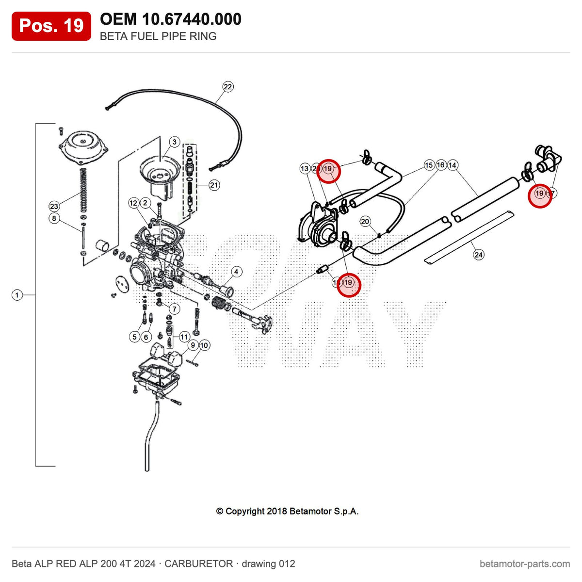 BETA FUEL PIPE RING – OEM 10.67440.000, position 19 on the Beta ALP RED ALP 200 4T 2024 carburetor drawing