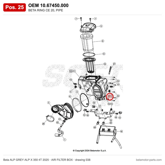 BETA RING CE 20, PIPE – OEM 10.67450.000, position 25 on the Beta ALP GREY ALP X 350 4T 2025 air filter box drawing