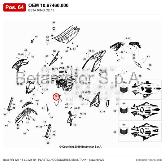 BETA RING CE 11 – OEM 10.67460.000, position 64 on the Beta RR 125 4T LC MY19 plastic accessories/seat/tank drawing