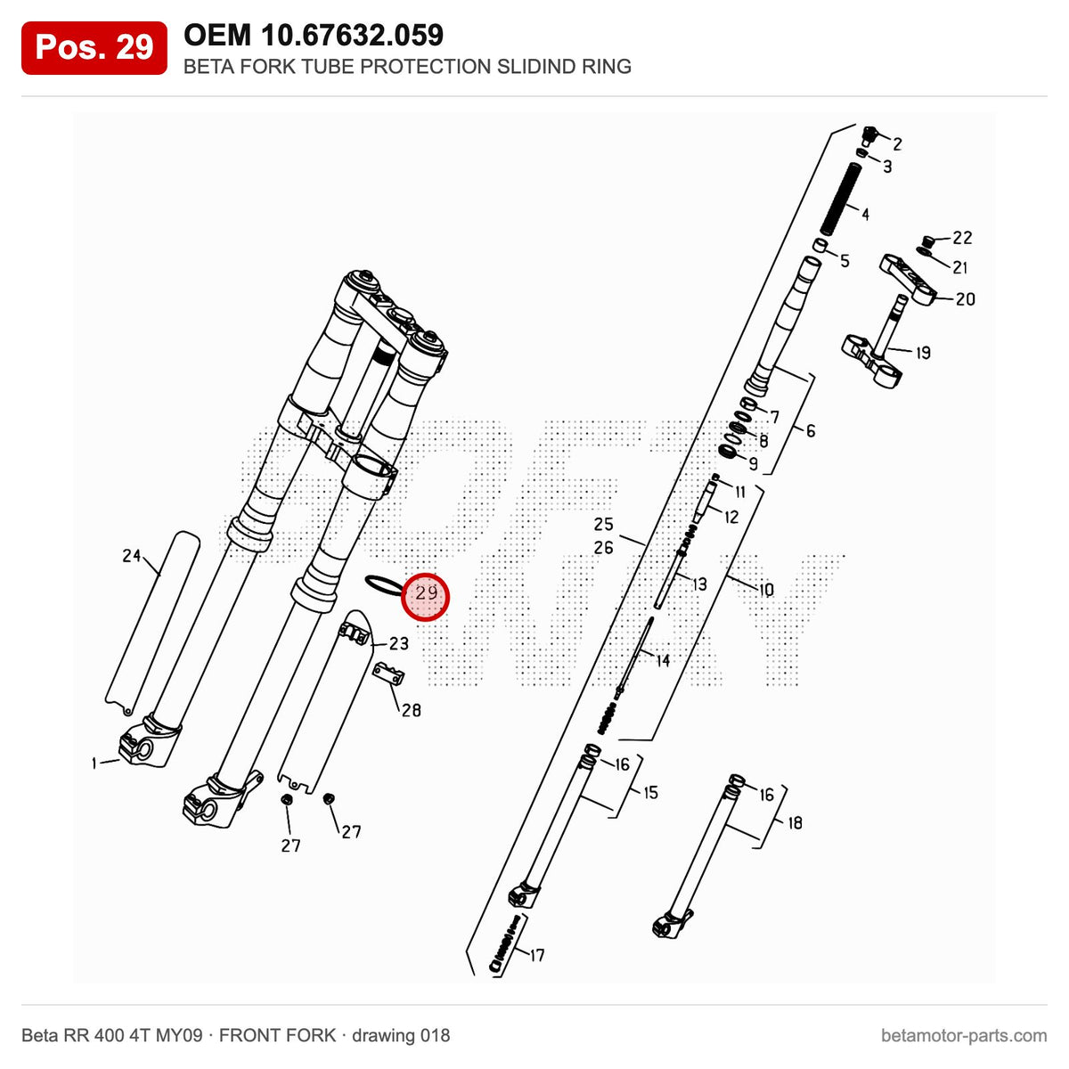 BETA FORK TUBE PROTECTION SLIDIND RING – OEM 10.67632.059, position 29 on the Beta RR 400 4T MY09 front fork drawing