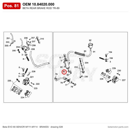 BETA REAR BRAKE ROD TR-89 – OEM 10.84020.000, position 81 on the Beta EVO 80 SENIOR MY11-MY14 brakes drawing