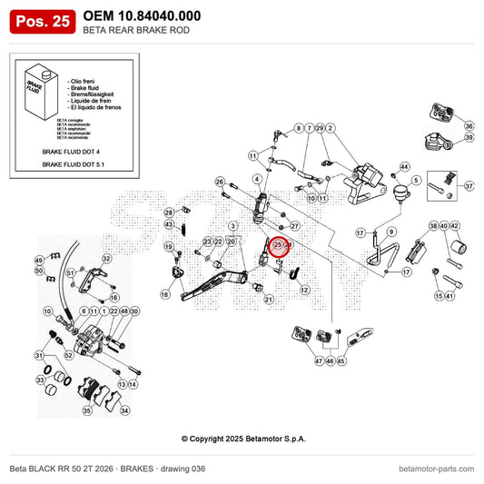 BETA REAR BRAKE ROD – OEM 10.84040.000, position 25 on the Beta BLACK RR 50 2T 2026 brakes drawing