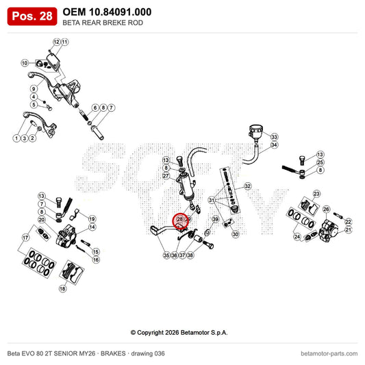 BETA REAR BREKE ROD – OEM 10.84091.000, position 28 on the Beta EVO 80 2T SENIOR MY26 brakes drawing