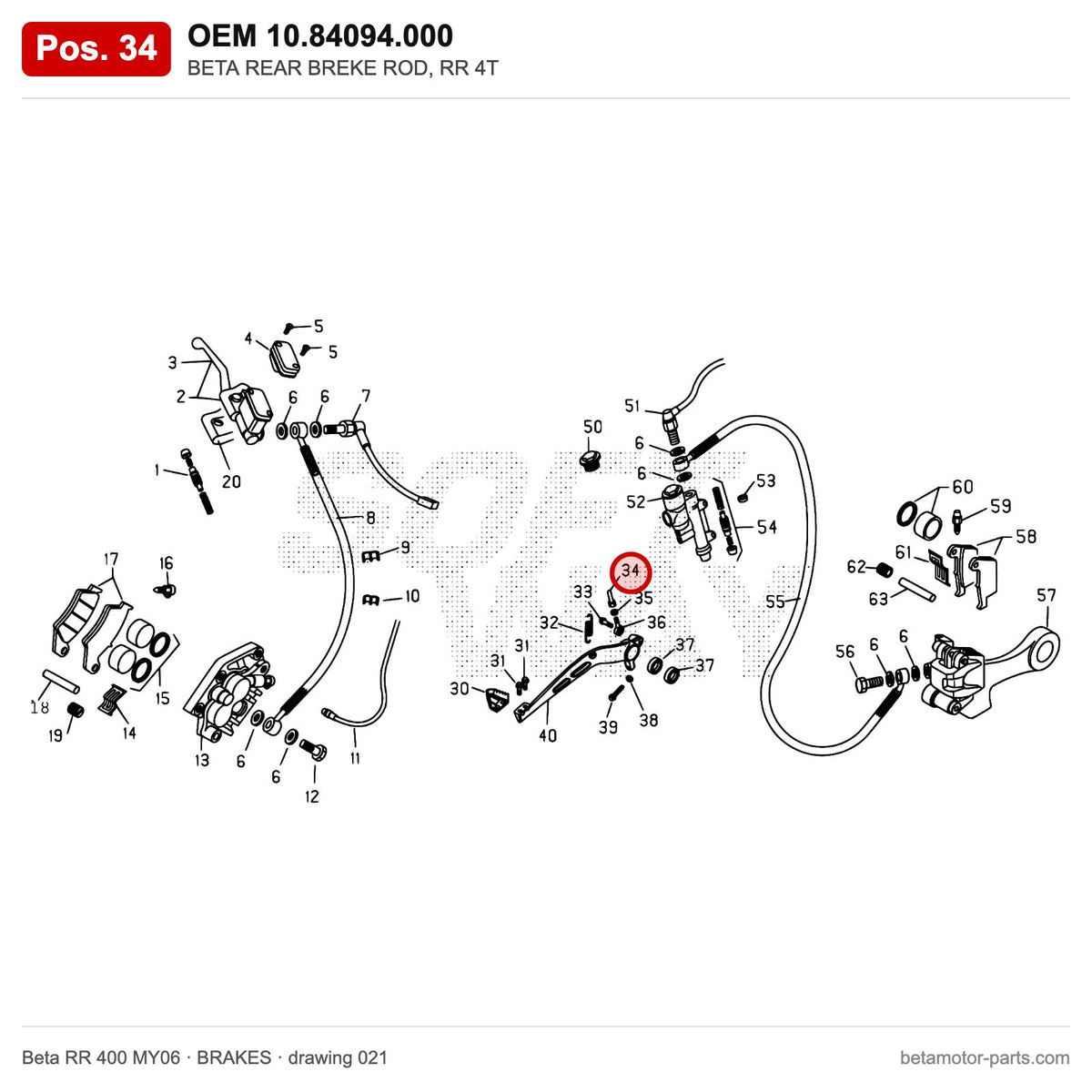 BETA REAR BREKE ROD, RR 4T – OEM 10.84094.000, position 34 on the Beta RR 400 MY06 brakes drawing