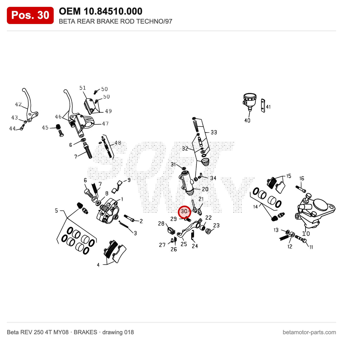 BETA REAR BRAKE ROD TECHNO/97 – OEM 10.84510.000, position 30 on the Beta REV 250 4T MY08 brakes drawing
