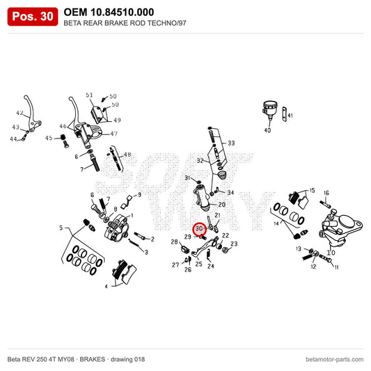 BETA REAR BRAKE ROD TECHNO/97 – OEM 10.84510.000, position 30 on the Beta REV 250 4T MY08 brakes drawing