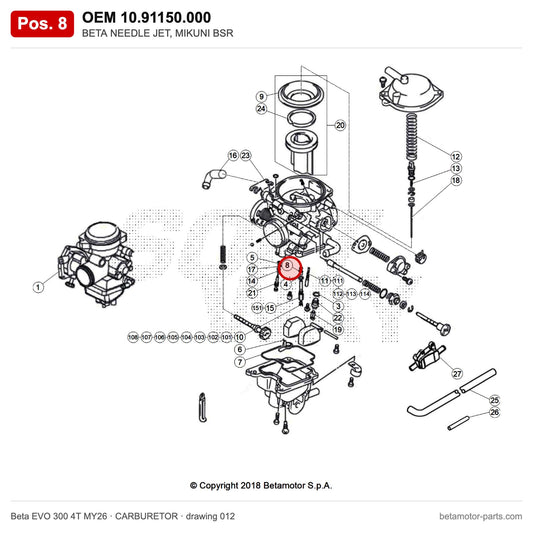 BETA NEEDLE JET, MIKUNI BSR – OEM 10.91150.000, position 8 on the Beta EVO 300 4T MY26 carburetor drawing