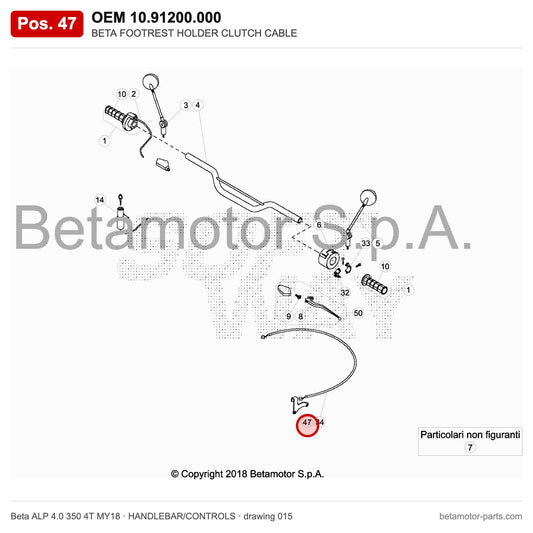 BETA FOOTREST HOLDER CLUTCH CABLE – OEM 10.91200.000, position 47 on the Beta ALP 4.0 350 4T MY18 handlebar/controls drawing