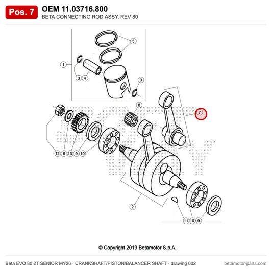 BETA CONNECTING ROD ASSY, REV 80 – OEM 11.03716.800, position 7 on the Beta EVO 80 2T SENIOR MY26 crankshaft/piston/balancer shaft drawing
