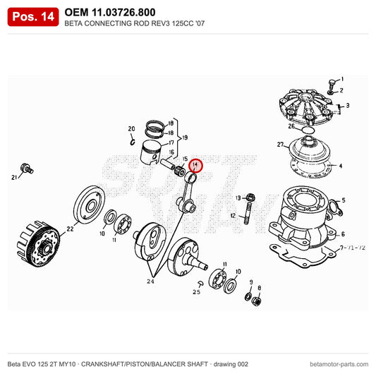 BETA CONNECTING ROD REV3 125CC '07 – OEM 11.03726.800, position 14 on the Beta EVO 125 2T MY10 crankshaft/piston/balancer shaft drawing