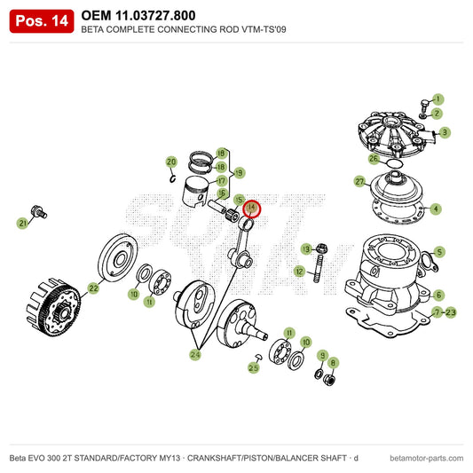 BETA COMPLETE CONNECTING ROD VTM-TS'09 – OEM 11.03727.800, position 14 on the Beta EVO 300 2T STANDARD/FACTORY MY13 crankshaft/piston/balancer shaft drawing