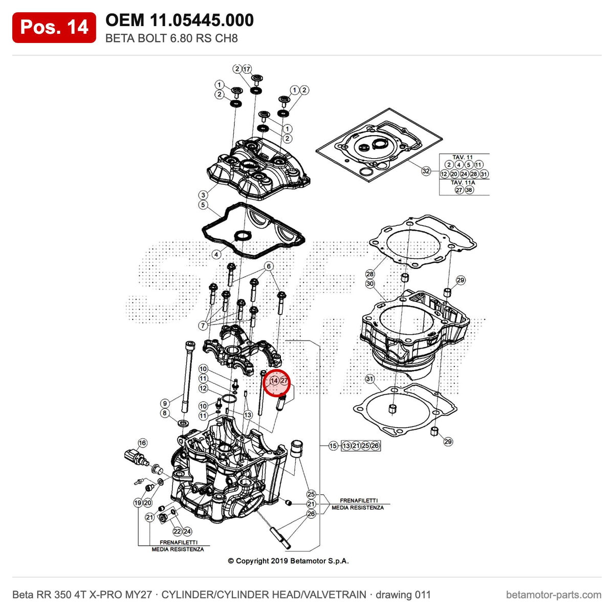 BETA BOLT 6.80 RS CH8 – OEM 11.05445.000, position 14 on the Beta RR 350 4T X-PRO MY27 cylinder/cylinder head/valvetrain drawing