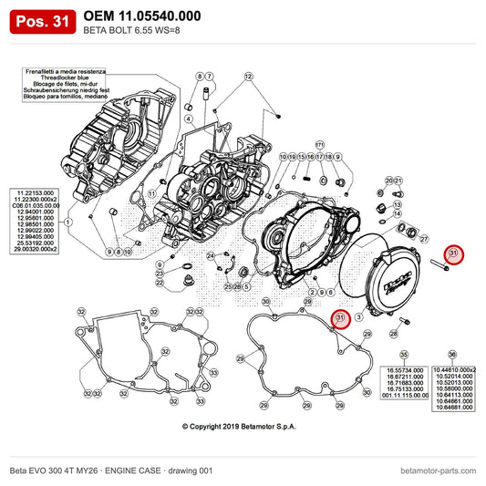 BETA BOLT 6.55 WS=8 – OEM 11.05540.000, position 31 on the Beta EVO 300 4T MY26 engine case drawing