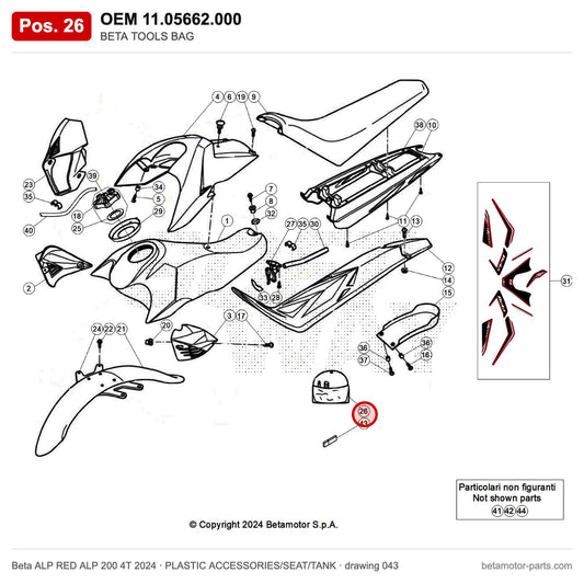 BETA TOOLS BAG – OEM 11.05662.000, position 26 on the Beta ALP RED ALP 200 4T 2024 plastic accessories/seat/tank drawing