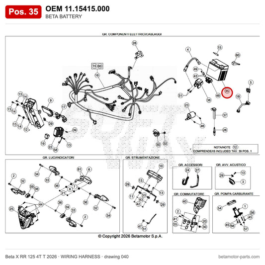 BETA BATTERY – OEM 11.15415.000, position 35 on the Beta X RR 125 4T T 2026 wiring harness drawing
