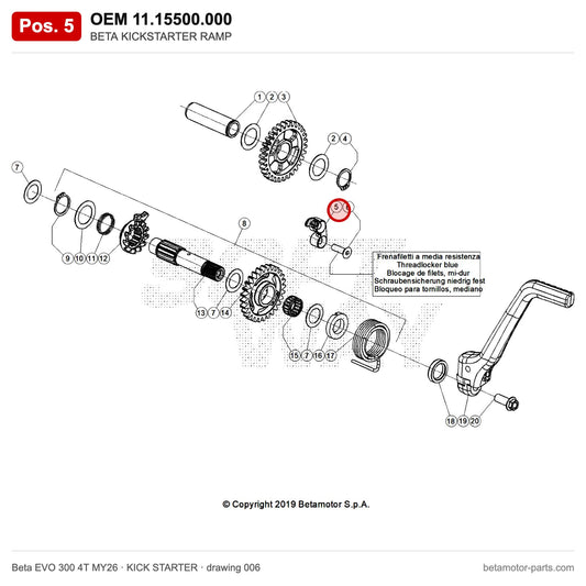 BETA KICKSTARTER RAMP – OEM 11.15500.000, position 5 on the Beta EVO 300 4T MY26 kick starter drawing