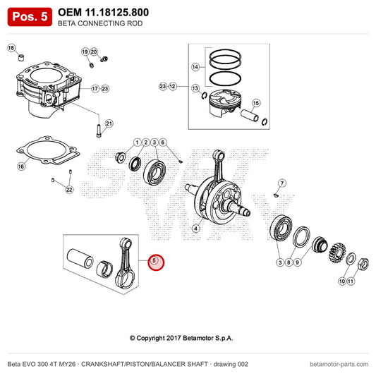 BETA CONNECTING ROD – OEM 11.18125.800, position 5 on the Beta EVO 300 4T MY26 crankshaft/piston/balancer shaft drawing
