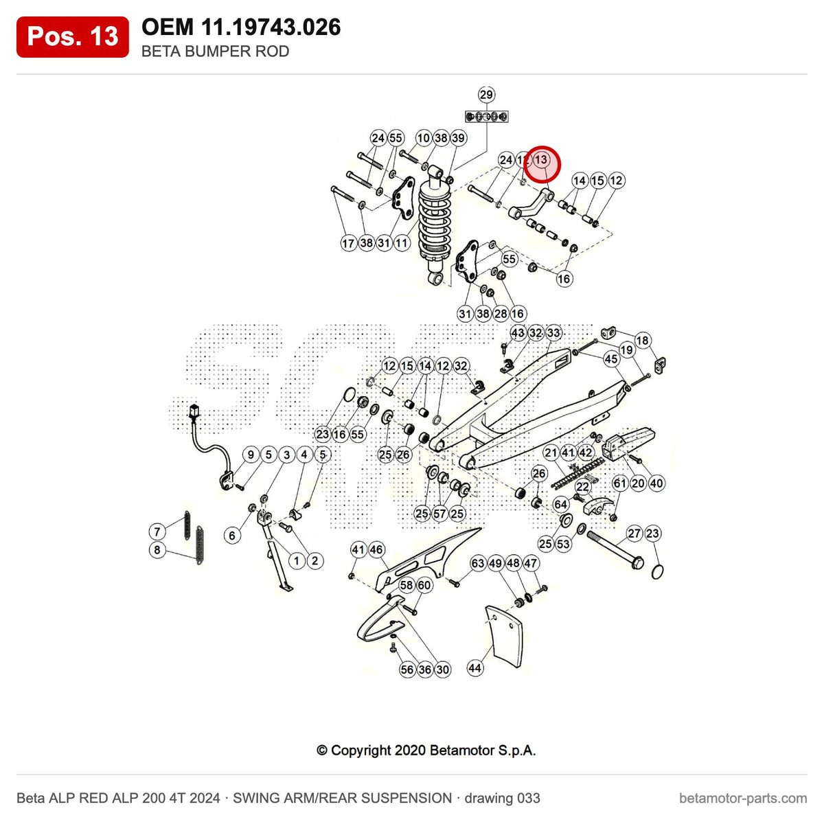 BETA BUMPER ROD – OEM 11.19743.026, position 13 on the Beta ALP RED ALP 200 4T 2024 swing arm/rear suspension drawing