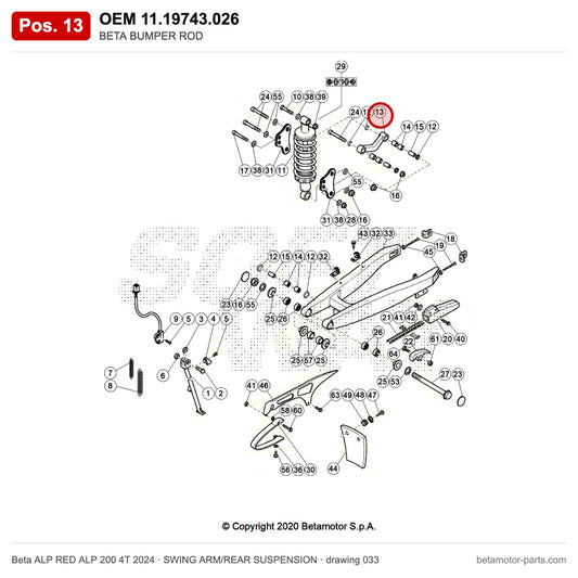 BETA BUMPER ROD – OEM 11.19743.026, position 13 on the Beta ALP RED ALP 200 4T 2024 swing arm/rear suspension drawing