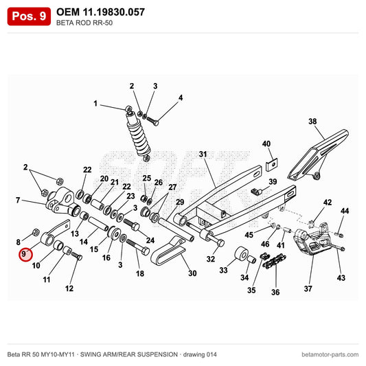 BETA ROD RR-50 – OEM 11.19830.057, position 9 on the Beta RR 50 MY10-MY11 swing arm/rear suspension drawing