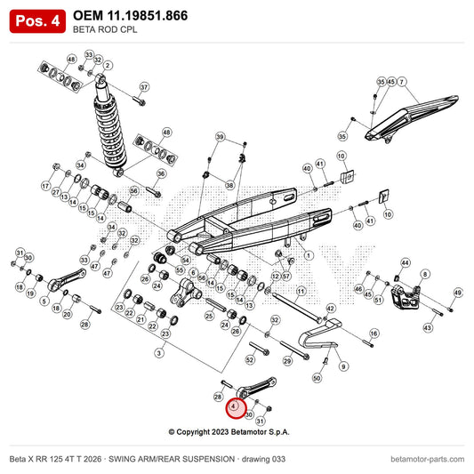 BETA ROD CPL – OEM 11.19851.866, position 4 on the Beta X RR 125 4T T 2026 swing arm/rear suspension drawing