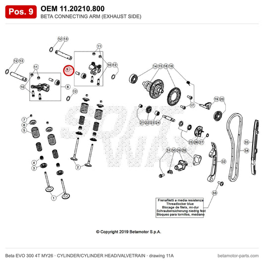BETA CONNECTING ARM (EXHAUST SIDE) – OEM 11.20210.800, position 9 on the Beta EVO 300 4T MY26 cylinder/cylinder head/valvetrain drawing