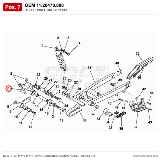 BETA CONNECTING ARM CPL – OEM 11.20470.800, position 7 on the Beta RR 50 MY10-MY11 swing arm/rear suspension drawing