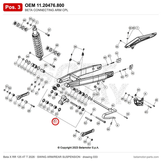 BETA CONNECTING ARM CPL – OEM 11.20476.800, position 3 on the Beta X RR 125 4T T 2026 swing arm/rear suspension drawing