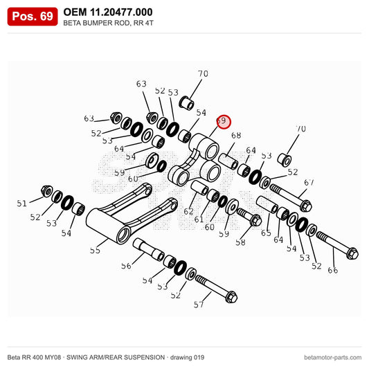 BETA BUMPER ROD, RR 4T – OEM 11.20477.000, position 69 on the Beta RR 400 MY08 swing arm/rear suspension drawing